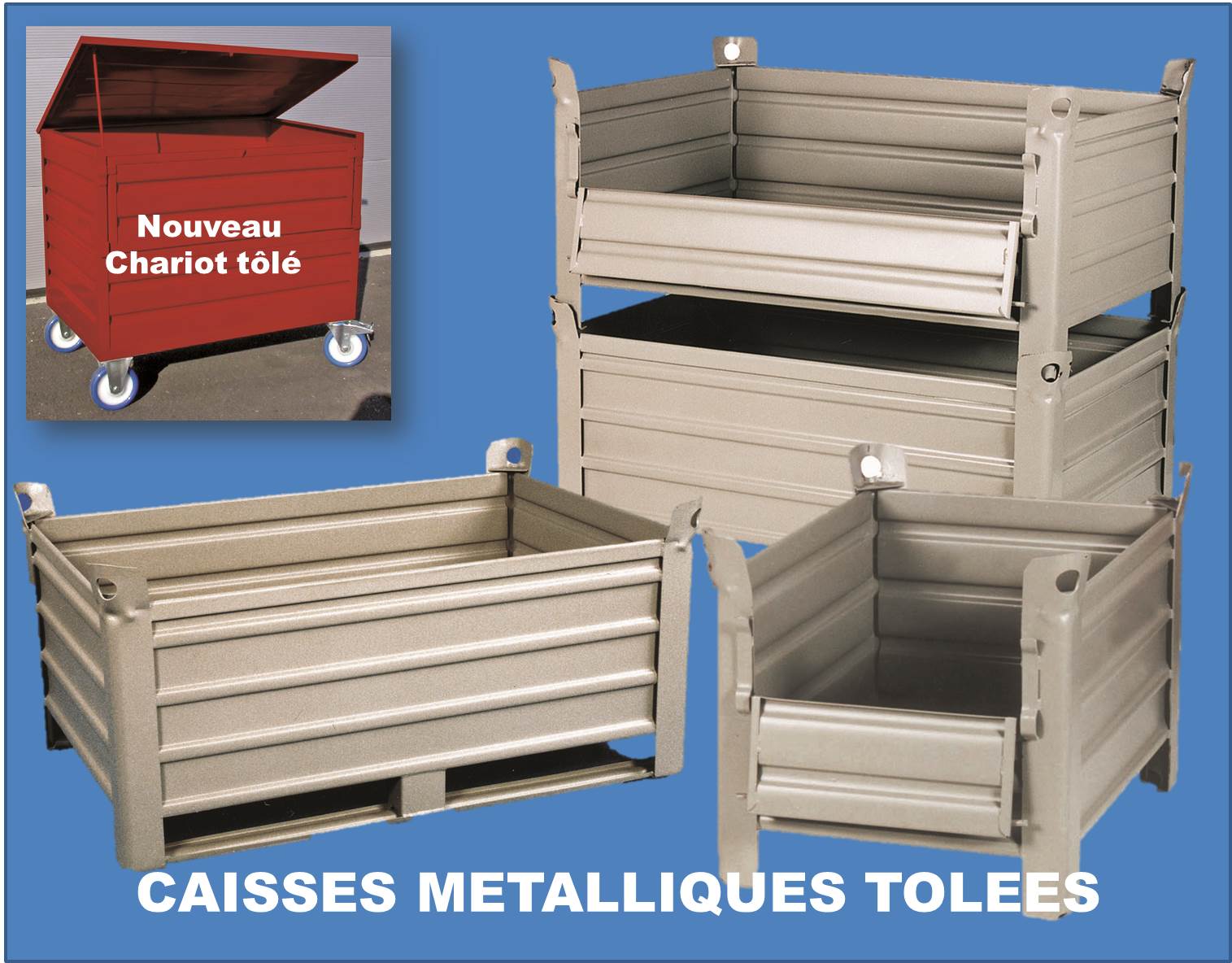 La gamme VP est composée de caisses palettes en tôle nervurée peinte en couleur gris RAL 7030 et se ...